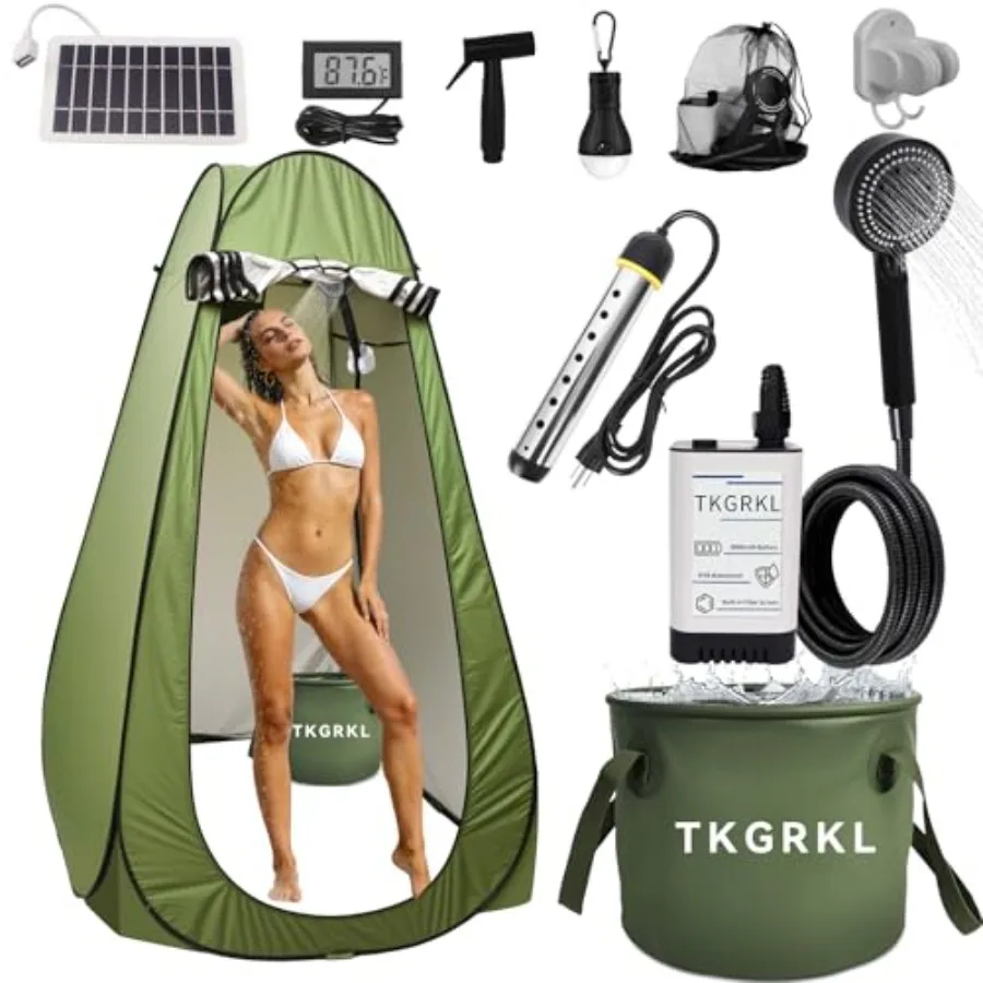 

Camping shower tent set: portable 1500W immersion heater with auto shut-off, 6000mAh rechargeable unit, 5-gallon foldable bucke
