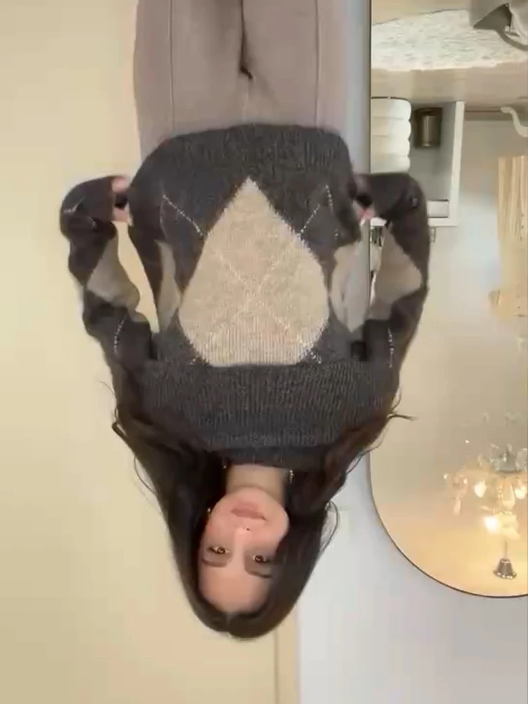 

HH Осенний женский элегантный повседневный пуловер с ромбовидным узором, вязаный свитер, женский свободный эластичный пуловер с длинными рукавами Mujer