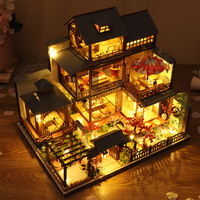 DIY Wooden Miniature Model Kit Japanese Big Casa Bookend Assembled Dollhouses With Furniture Villa Home Decoration Friends Gifts