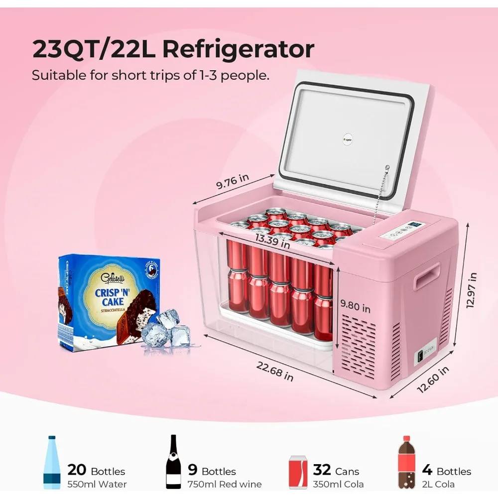 Pink 23Quart Portable Refrigerator, 12 Volt Fridge 22L, Portable Freezer Compressor Cooler 12/24V DC 110~240 Volt AC