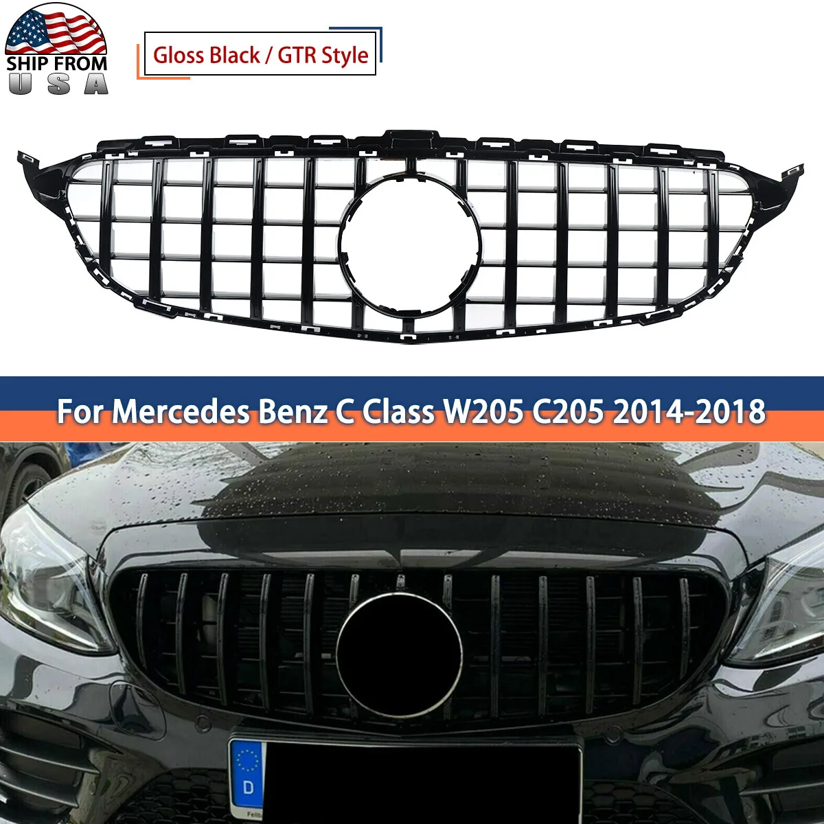 

Magickit GT Style Grille for Mercedes-Benz W205 C300 C450 C43 2014-2018 Front Bumper Grills Without Camera Hole Gloss Black