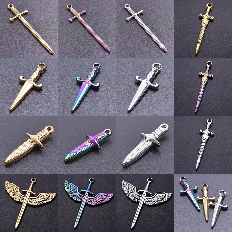 10pcs Vintage Vikings Lunar Phase Sword Charms Norse Cross Moon Pendants Punk Gothic Witch Winged Sword Magic Gifts for Necklace