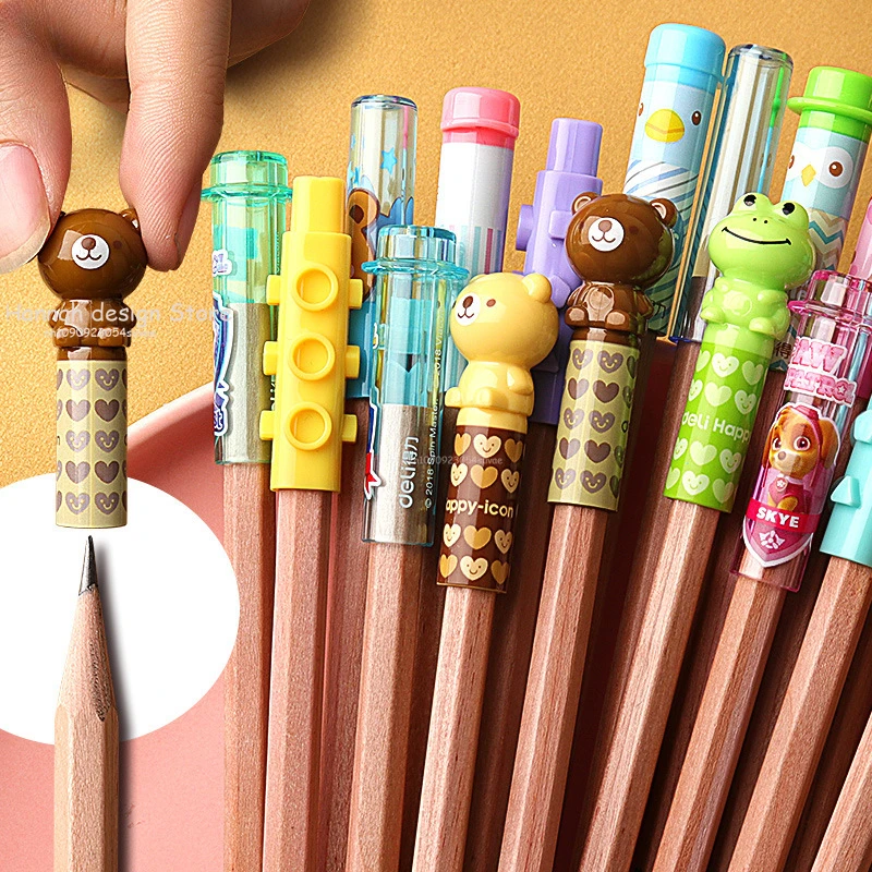 4 Pcs Cute Cartoon Pencil Cap Pen Cover Pencil Extender School Students Stationery Supplies Plastic Pencil Protector