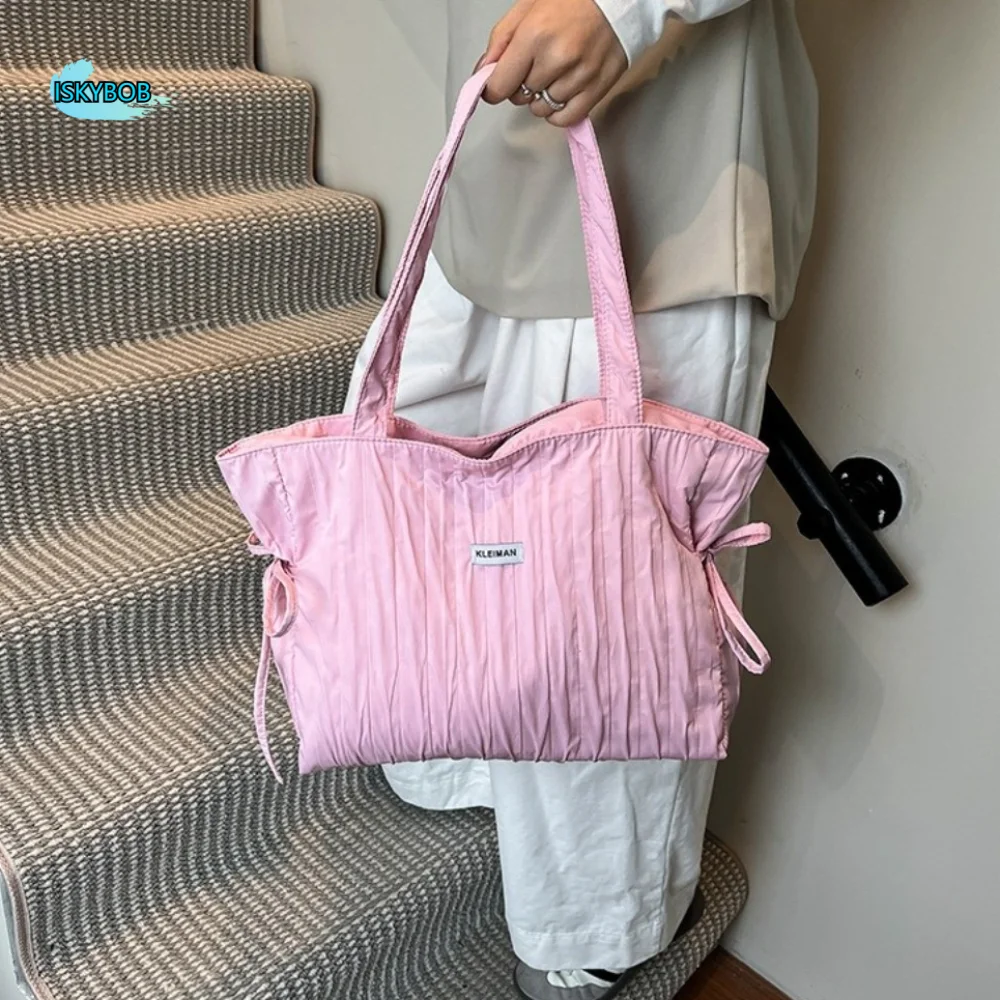 

Модная однотонная женская сумка-тоут с морщинами, большая вместительная повседневная сумка на одно плечо, легкая сумка на молнии для девочек