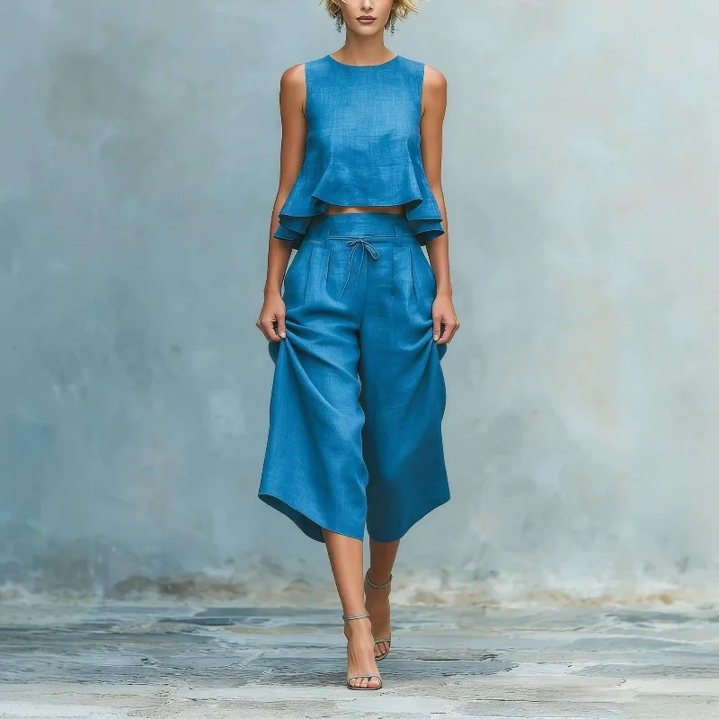 

Cross-border European American Women's Clothing AliExpress Summer New Sleeveless Pleated Vest Wide-leg Pants Casual Set Export