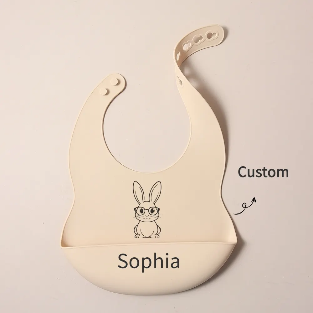 

Beige solid cute bunny pattern Baby Bib with Name Food-Grade solid Feeding Bib DZ30