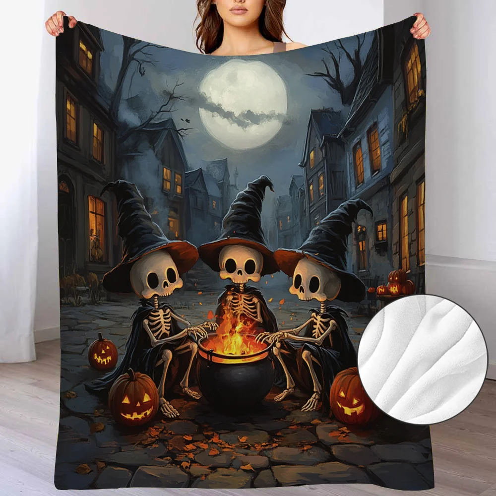 Cartoon Skeleton Blanket Gifts for Adult, Village Pumpkin Moon Abstract Skull Flannel Throw Blankets Soft Comfy Lightweight for Home Decor Couch Bed-280Gsm