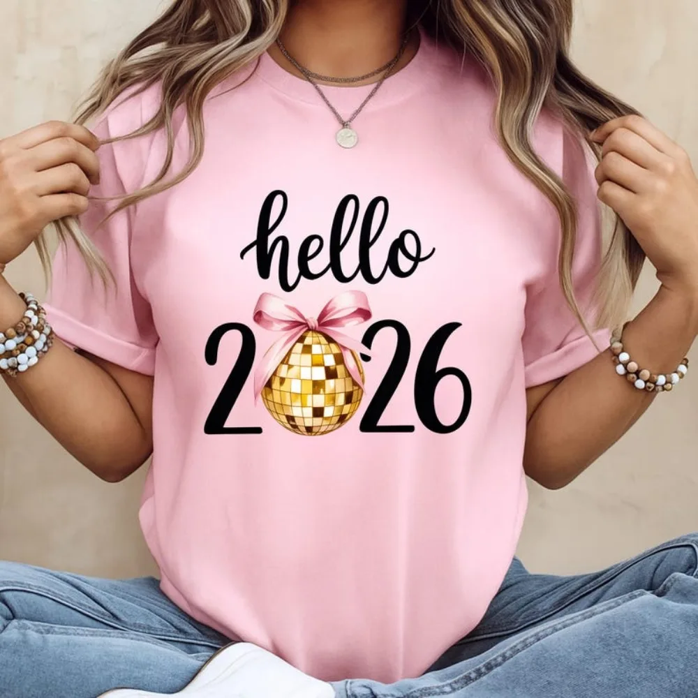 New Year 2026 Women Unisex Shirt Hello 2026 Disco Ball Tees Happy New Year Party Gift NYE Celebration Tops Fun Holiday Outfit