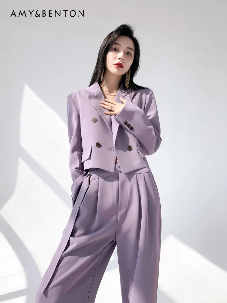 High End Fashion Purple Suit Spring Commute Style Short Coat Wide Leg Pants Temperament Leisure Two Piece Sets Womens Outifits