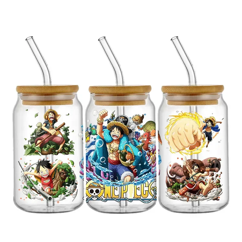 Personalisieren Sie Japan Anime UV DTF Cup Wrap Transfer Aufkleber Cartoon Luffy für 16OZ Glasdose selbstklebende wasserdichte individuelle Aufkleber