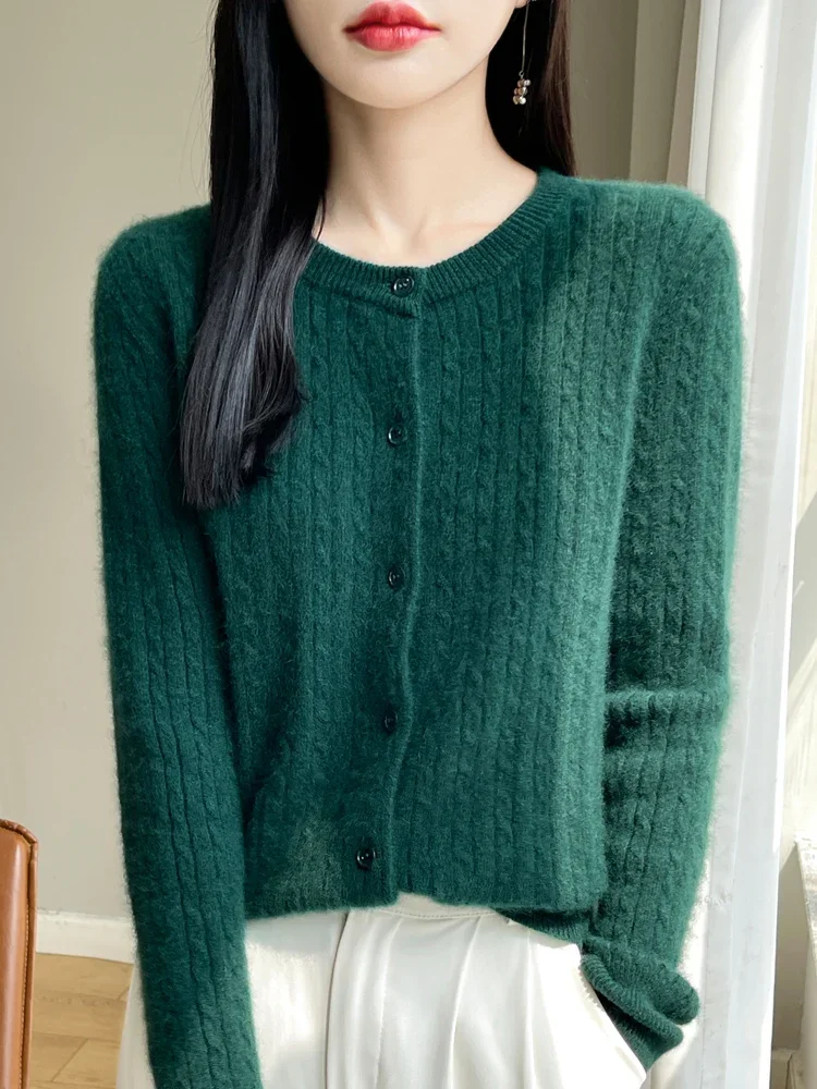 Cardigan Jacquard de couleur unie, col rond, pull en laine mérinos, doux et chaud, tricot Sexy, hauts féminins, nouvelle collection automne hiver 100%