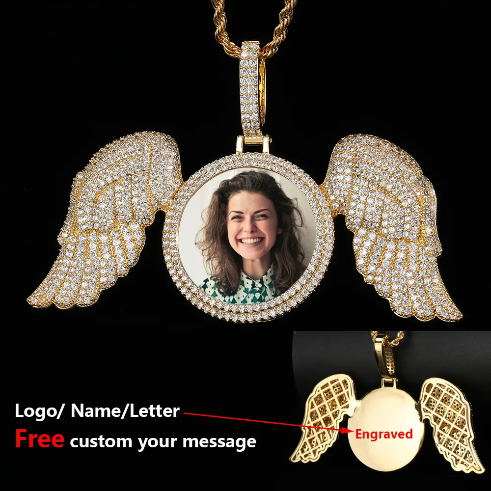 

Hip Hop Memorial Custom Photo Necklace For Men Personalized With Angel Wings Pendants Trays Picture