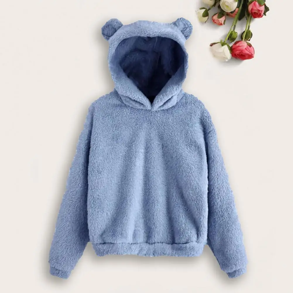 Women Winter Hoodie Solid Color Plush Thick Hooded Cozy Keep Warm Soft Ears Decor Women Hoodies Sweatshirts  Mujer Sudaderas