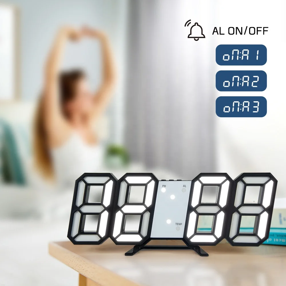 For Ins 3D Digital LED Alarm Clock Wall Table Clocks Temperature/Calendar /3 Brightness Levels Night Light Multifunctional