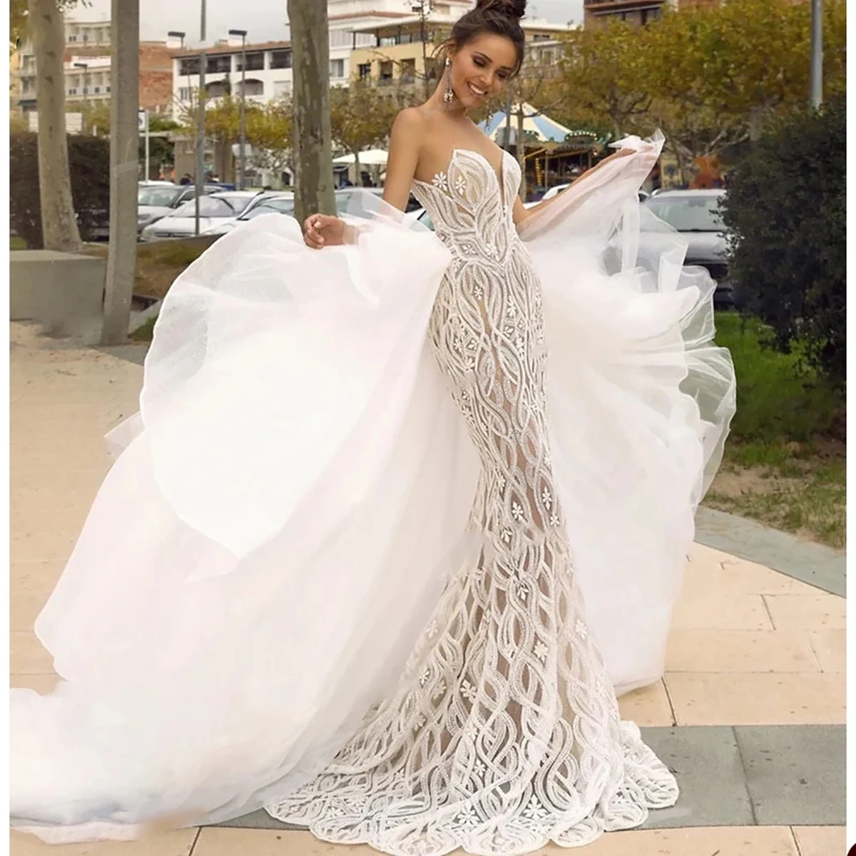 Designer Wedding Dresses For Women Appliques O-Neck Bridal Gown Sleeveless Skirt Detachable Train Dress Custom Made