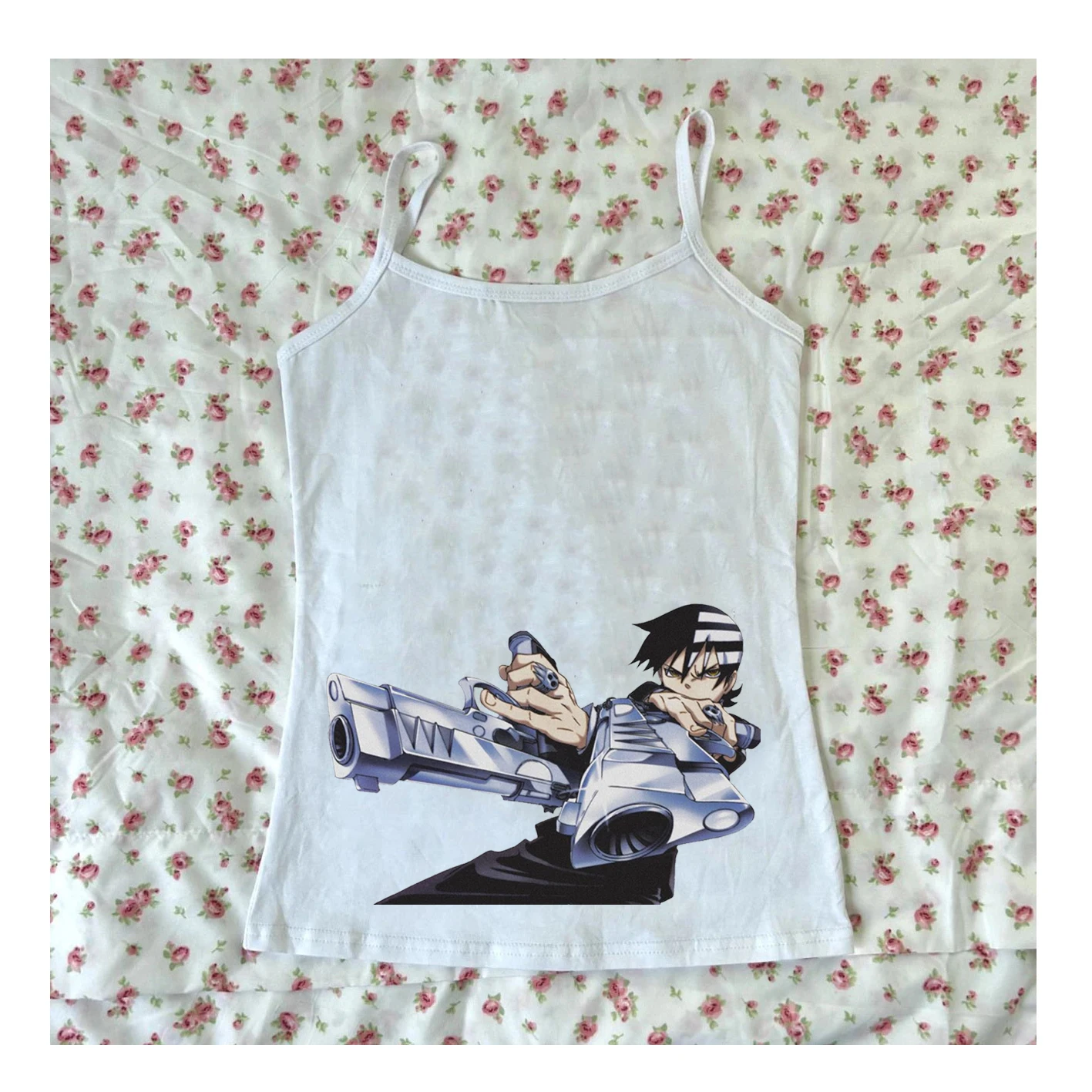 Y2K black and white anime printed Japanese Harajuku street style personalized close fitting vest 2000S short sleeved lightweight