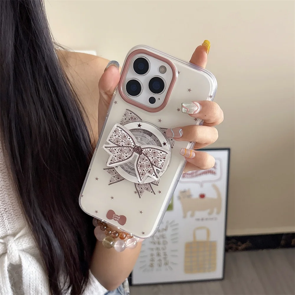 

Cute INS Star Bow Magnetic Stand Phone Case For iPhone 17 Pro Max 13 14 15 16 Fundas Lovely Anti-fall Korean Protective Cover