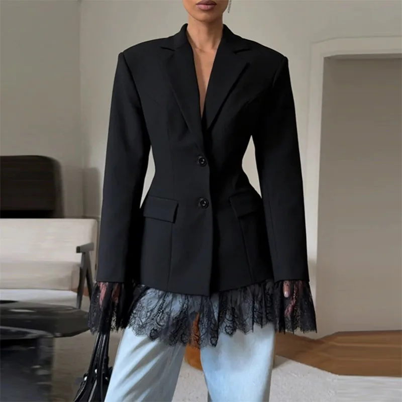 Elegant Temperament Button Office Outerwear Autumn Black Lace Patchwork Blazer Coat Fashion Street Long Sleeved Women's Jacket