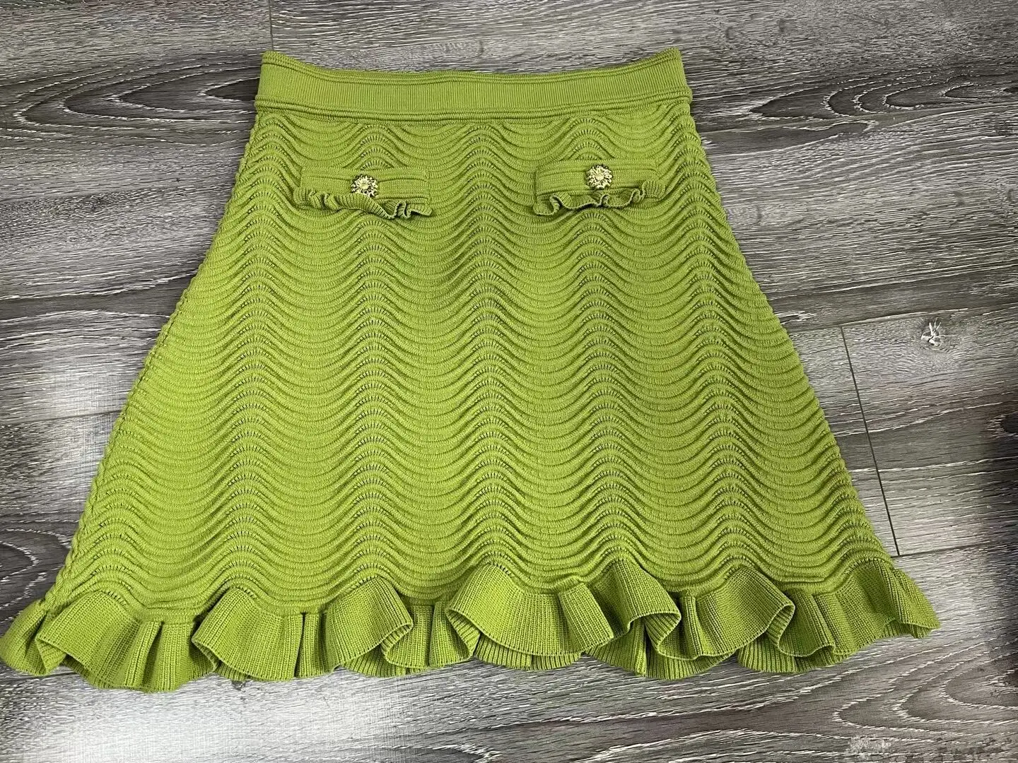 French Ruffle Edge Doll Neck Sleeveless Wave Edge Knitted Tank Top Vest Half Skirt Olive Green Set