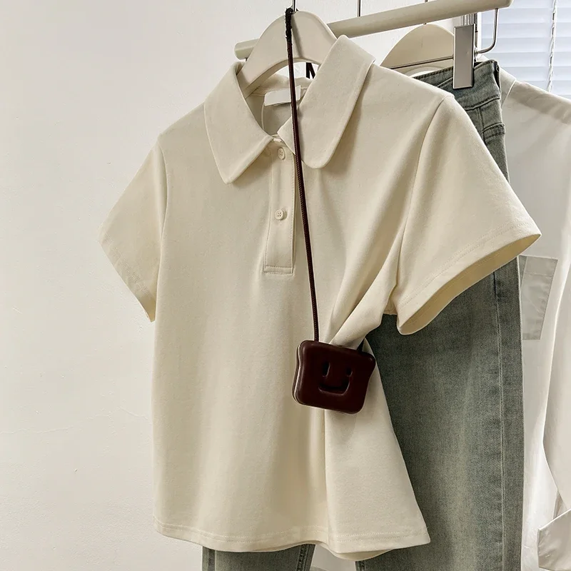 

Summer New Niche Design Women T-shirt Fashion Turndown Collar Short-Sleeve T-shirt Simple Loose Casual Top