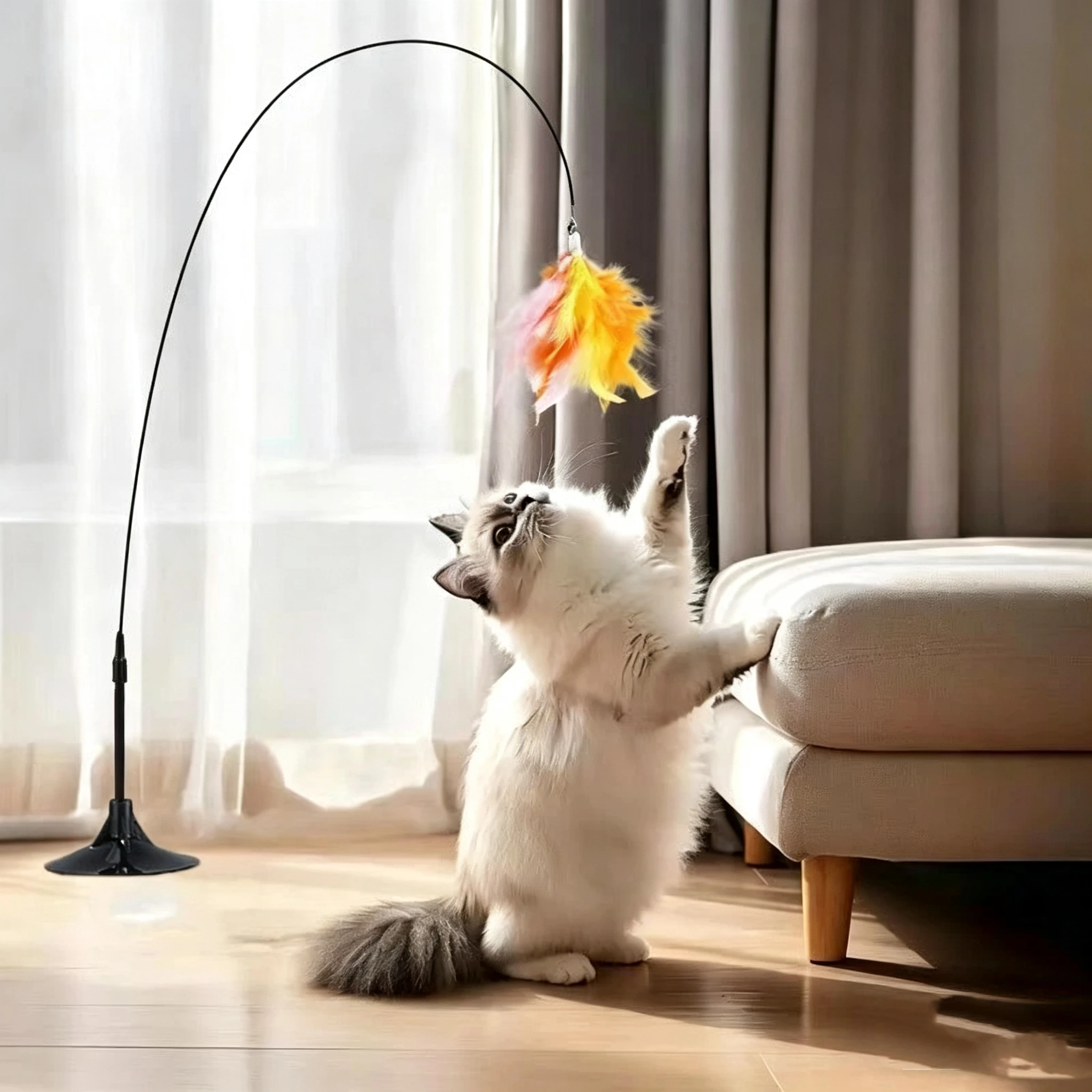Jouet pour chat - Baguette interactive avec clochette et plumes - Longue perche à ventouse pour des aventures ludiques excitantes - Le jouet ultime pour chat