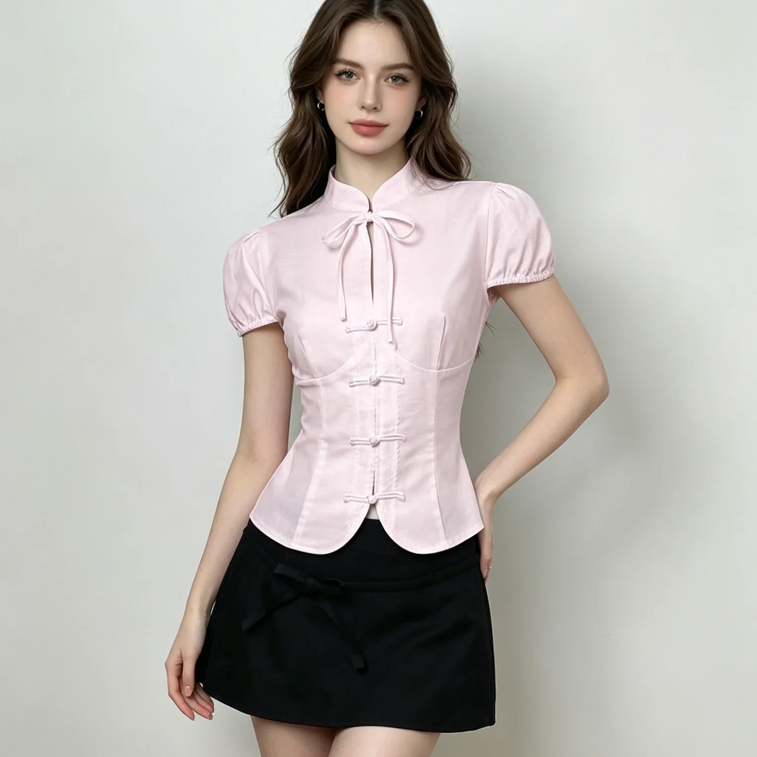 

LIMO Women's 2026 Qipao Style Blouse, Stand Collar Puff Sleeve Slim Fit Casual Top for Daily Wear.