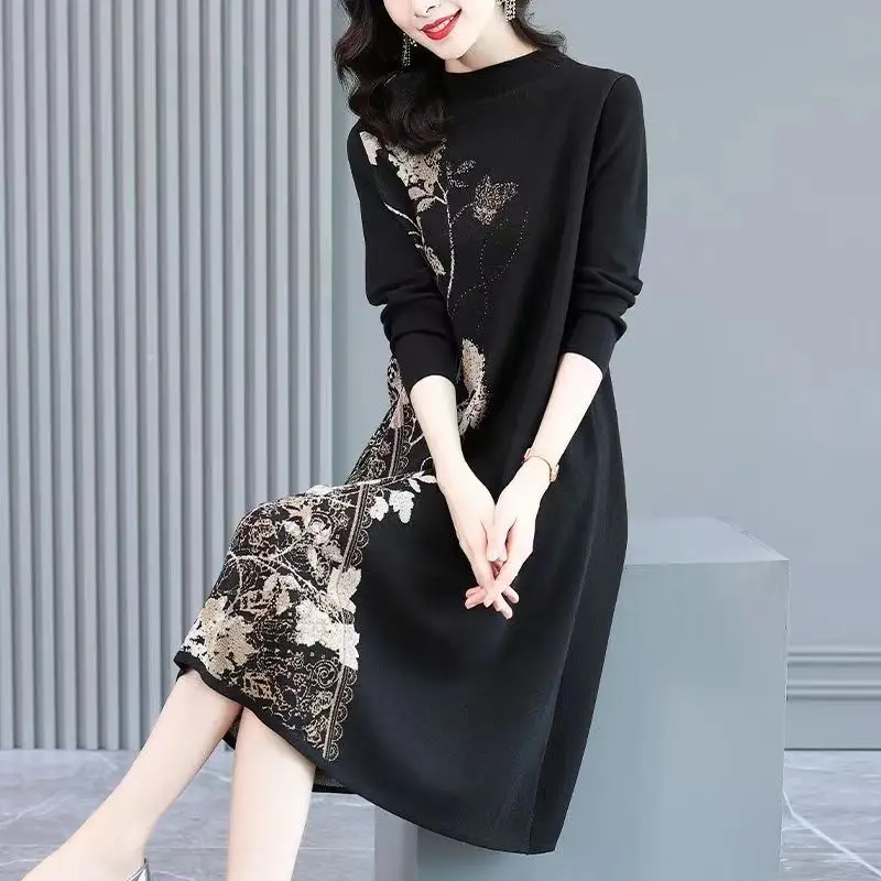 2024 Autumn New Women Knit Dress Oversize Fashion Elegant Half High Colllar Print Female Loose A-line Long Sweater Dresses