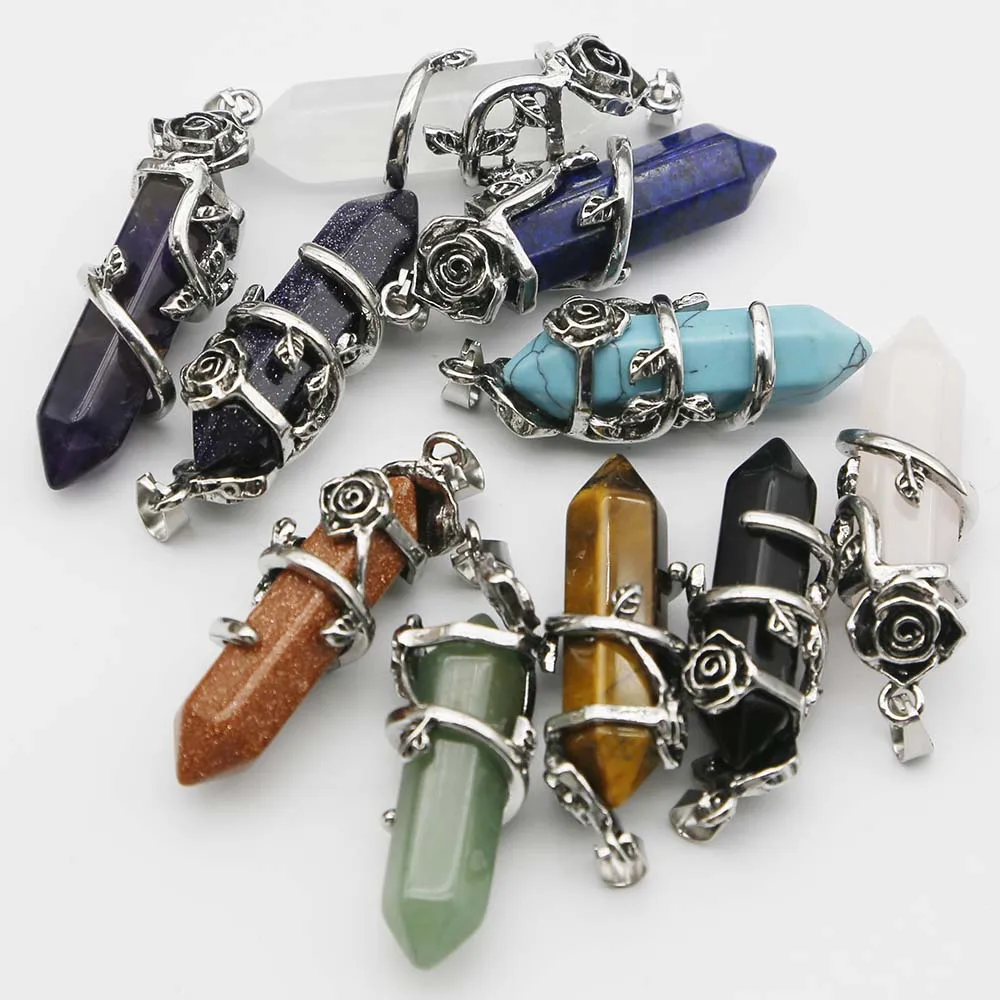 

Natural Stone Around Hexagonal Pillar Rose Pendants Exquisite Turquoise Necklace Reiki Charms Jewelry Accessories Wholesale 6Pcs