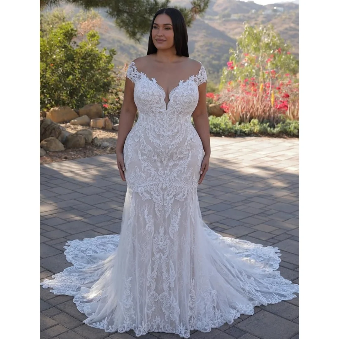 

Mermaid Wedding Dresses Plus Size Lace Vestido de Novia Elegant Sheer Neck Engagement Party Dress Customized Robe De Soirée