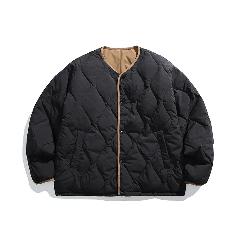 Japanese Collarless Double-sided Workwear Down Jacket Men's Winter Thick Diamond Grid Warm 90 Velvet Cotton Coat Top