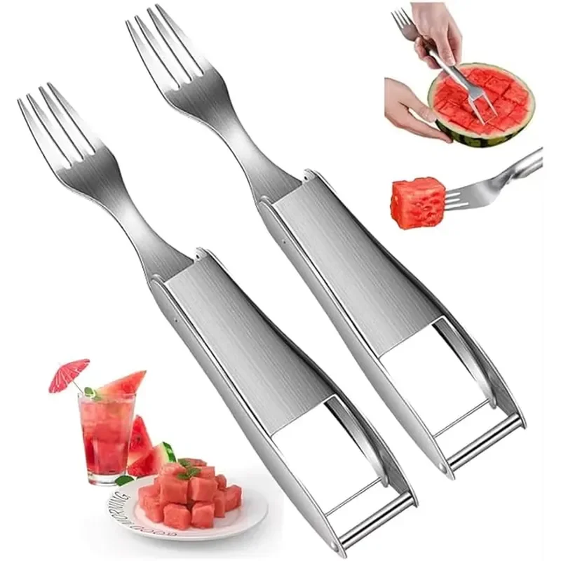 2-in-1 Stainless Steel Fruit Cutter Watermelon Slicer Cutter Melon Cube Cutter Fork