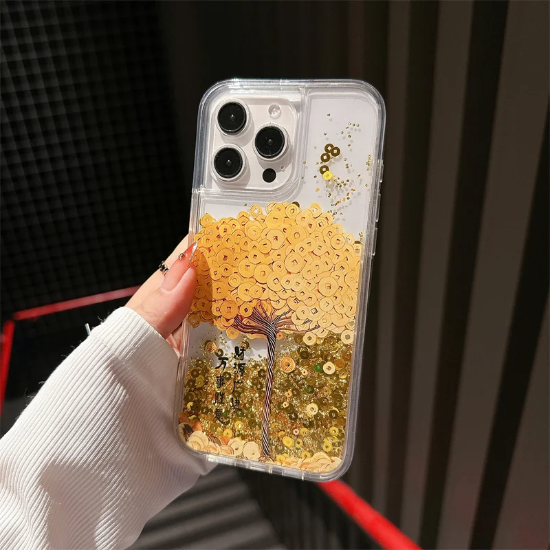 Gold Icons Quicksand Cover 16 Pro Max Case for iPhone 15 14 Money Tree Brilliant Moving Sand Dynamic Liquid Clear Hard Carcasas