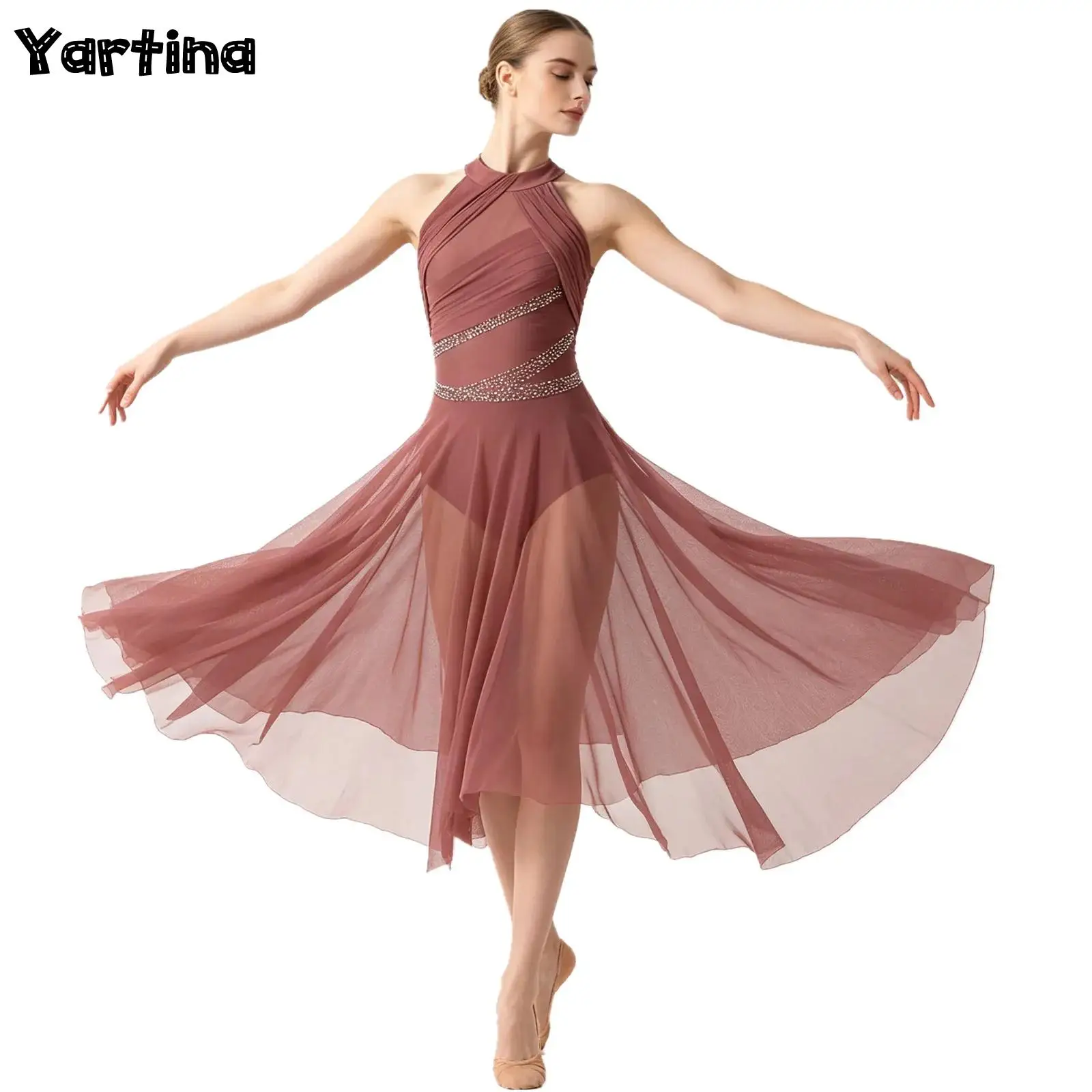 Womens Gymnastics Artistic Figure Skating Costume Ballet Lyrical Contemporary Dance Dresses Sparkly Rhinestones Ruched Dress