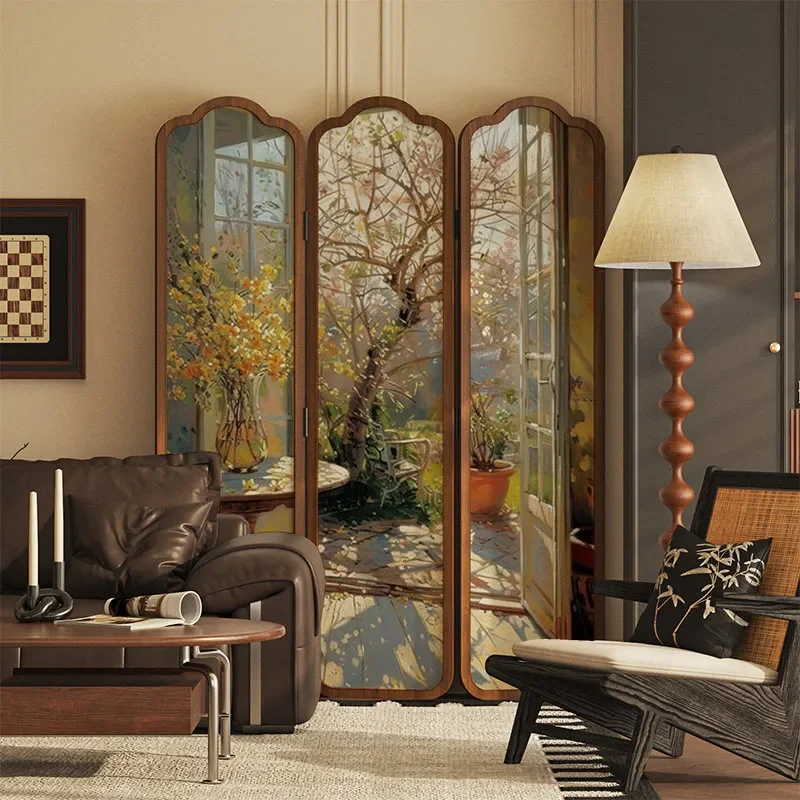 Solid Wood Folding Screen Partition with Window Oil Painting for Home Guest Room Restaurant Porch Sofa Decoration Mobile