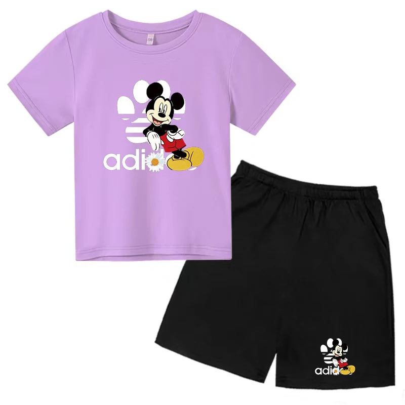 Camiseta con estampado de Mickey Mouse para niños y niñas, Top encantador y pantalones cortos, conjunto deportivo informal de manga corta, moda de