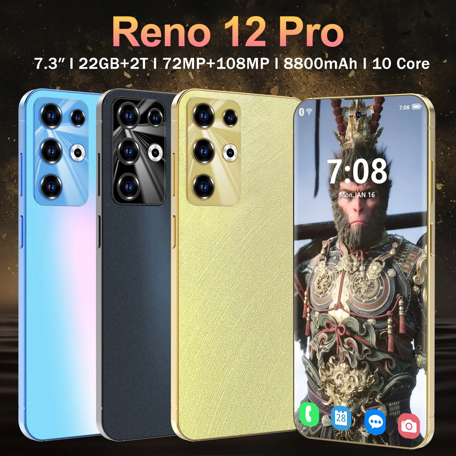 Original Reno 12 Pro  Smartphone  Android 14 7.3’ Full Screen, 72+108MP Cameras, 22GB+2TB, Qualcomm8 Gen 2, Global SIM