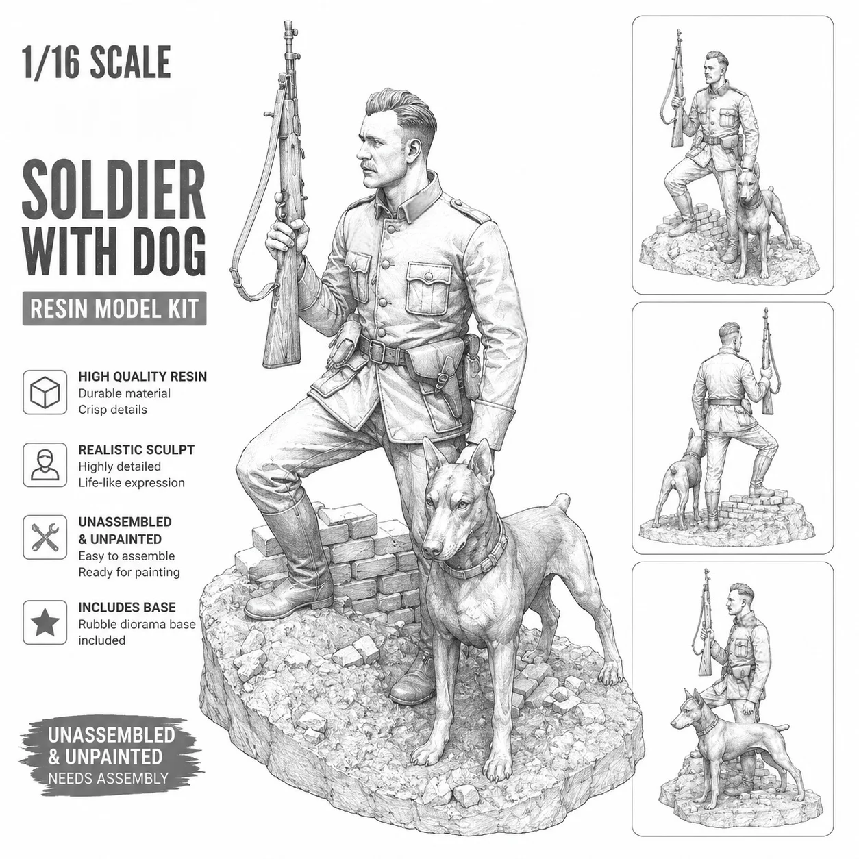 

1/16 Scale Premium Resin Soldier Figure with Military Dog & Rubble Base | Unassembled Unpainted DIY Model Kit