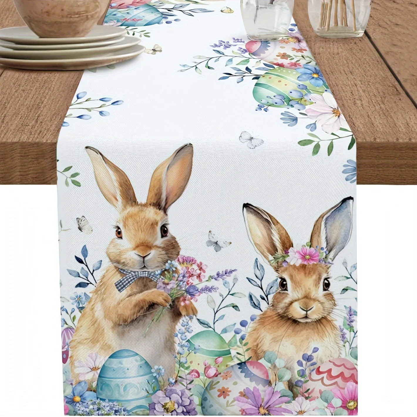 Easter Rabbits Eggs Bunny  Linen Table Runner Dresser Scarf Spring Floral Easter Table Runners Holiday Kitchen Party Table Decor