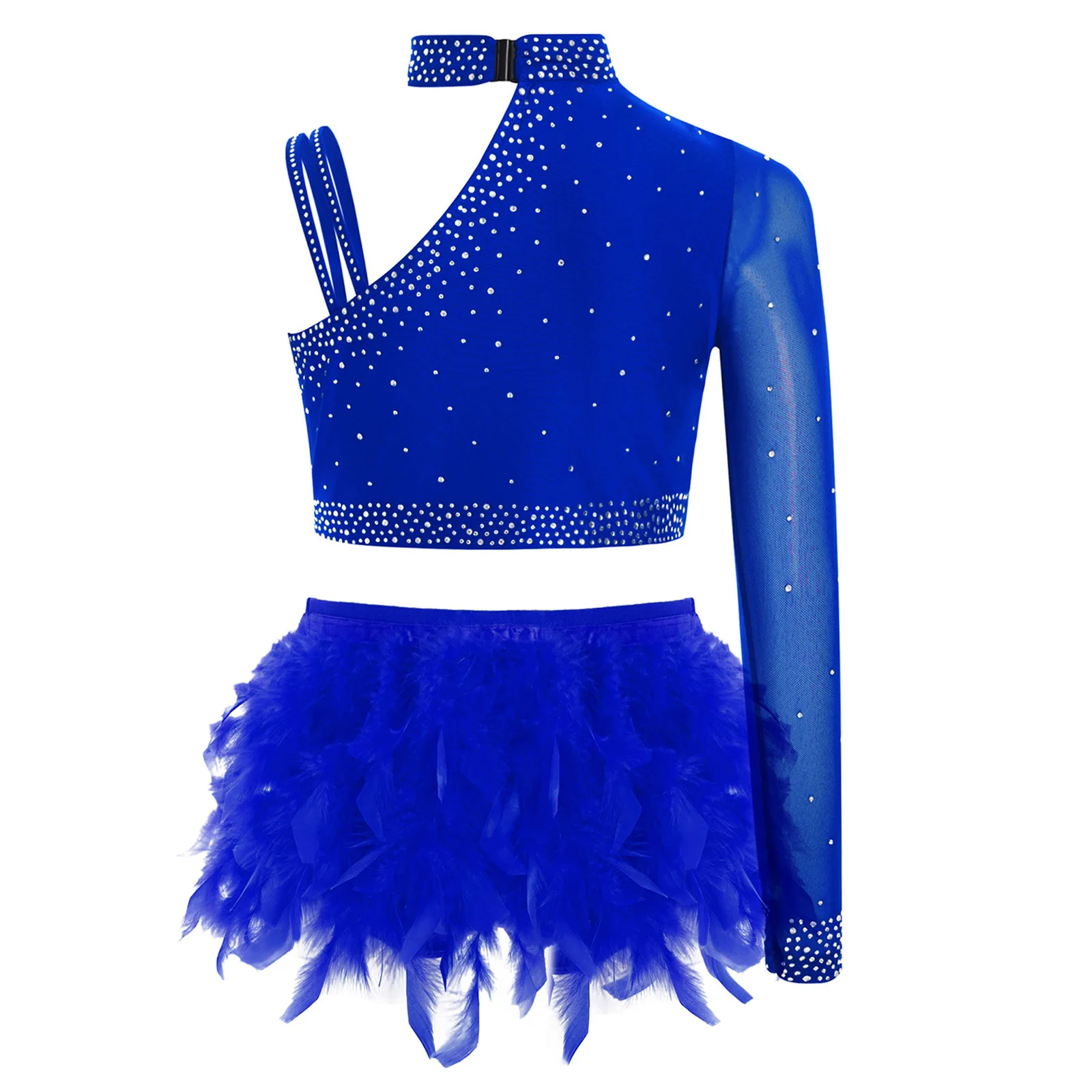 Kids Girls Figure Skating Gymnastics Dancewear Ballet Latin Salsa Dance Costume Shiny Rhinestones Crop Top with Feather Briefs