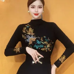 Women Clothing Autumn Winter Korean Diamonds Thick Warm Basic T-shirt Vintage Elegant Half High Collar Long Sleeve Slim Fit Tops