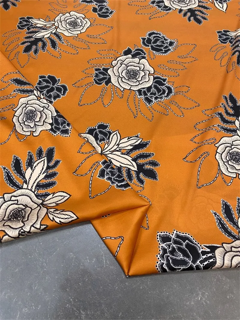 Orange Art Printing Dyeing High End Hanfu Pajamas Dress Handmade Natural Silk Fabric Fashion Luxury DIY Sewing Material By Meter