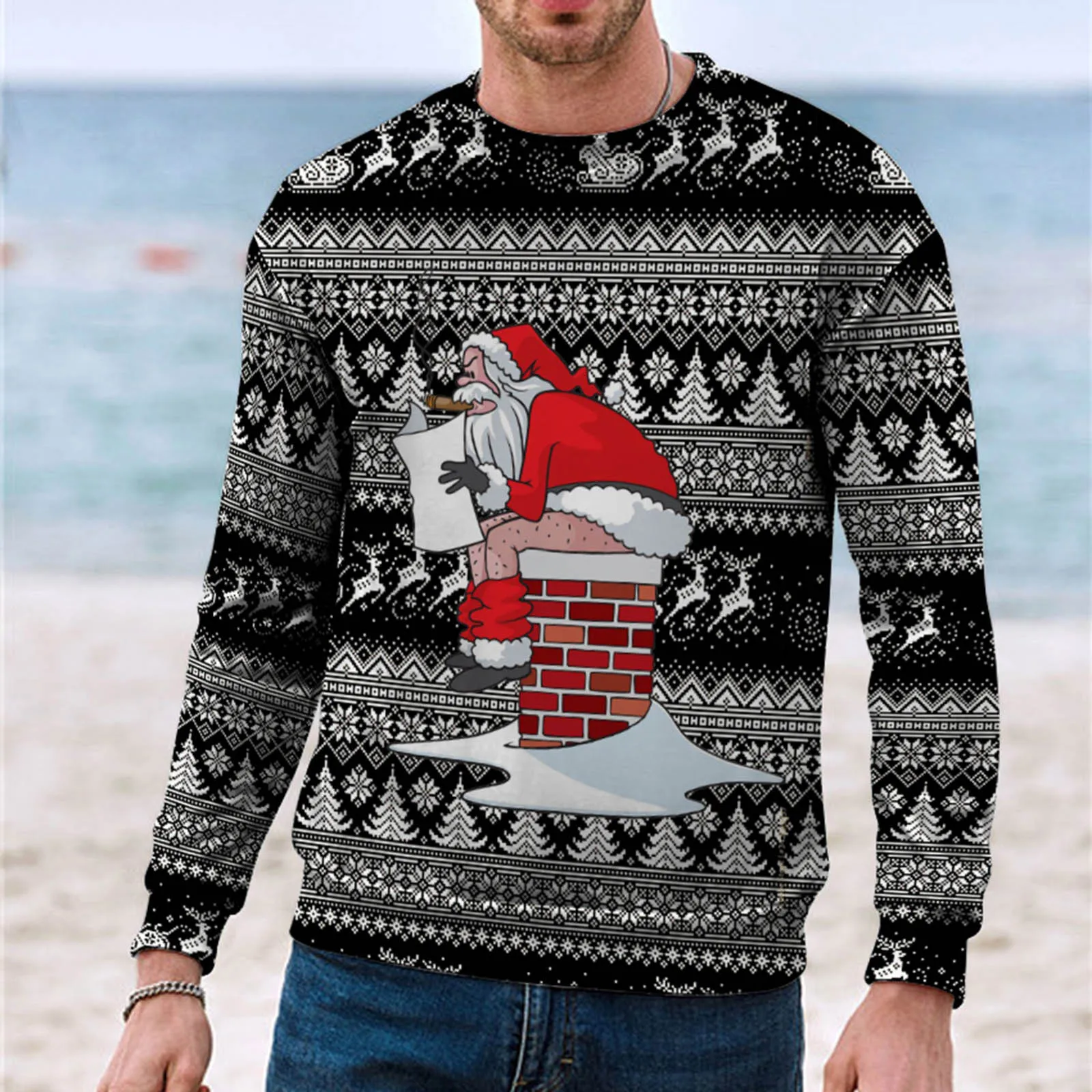 Amusing Santa Claus Printed Men Christmas Sweatshirts Autumn Winter Long Sleeved Pullover Top Sweatshirt Men's Streetwear Blouse