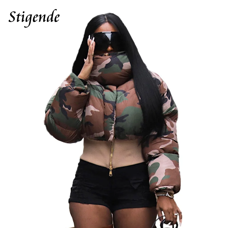 Stigende Camouflage Puffer Parka Jacket Women Elastic Waist Turtleneck Cropped Coat