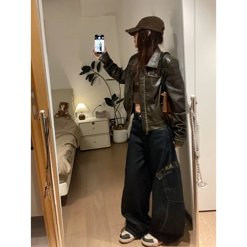American Retro Front Shoulder Brown Short Leather Jacket Women's Zipper Lapel Jacket Maillard Design Sense Locomotive Style Top