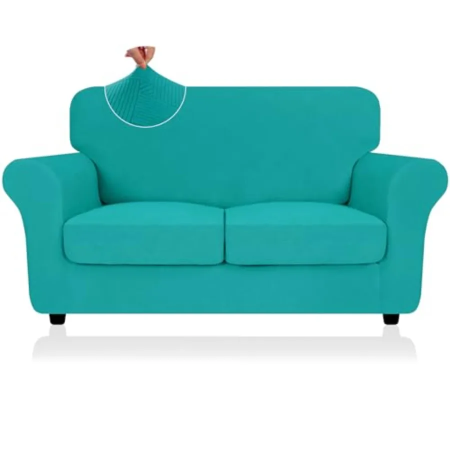 

3 Pcs Stretch Loveseat Covers 55"-69",Thick Striped Sofa Covers for 2 Cushion Couch with Elastic Band Bottom Ties Non-Slip Stay