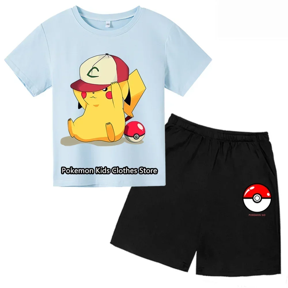 Summer kids Animal pokemon T-shirt Set Boys' Clothing Leisure Cotton Pikachu Print Short Sleeve Children's clothes Cartoon