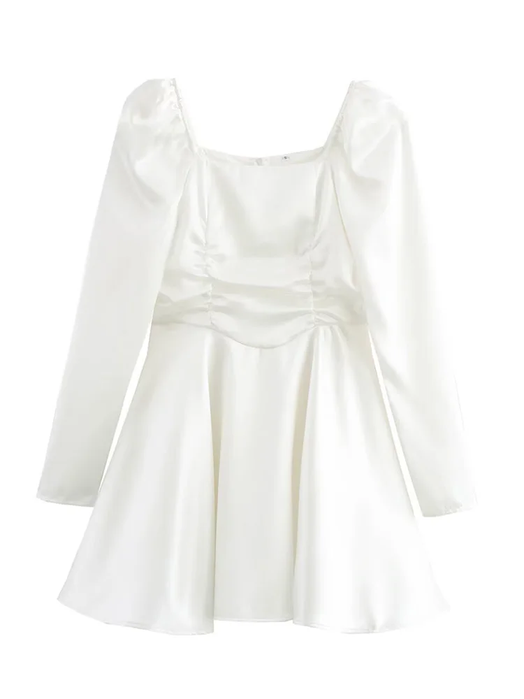 ZAJIA 2025 새로운 여성 유럽과 미국 스타일의 패션 기질 스퀘어 칼라 새틴 긴 소매 드레스