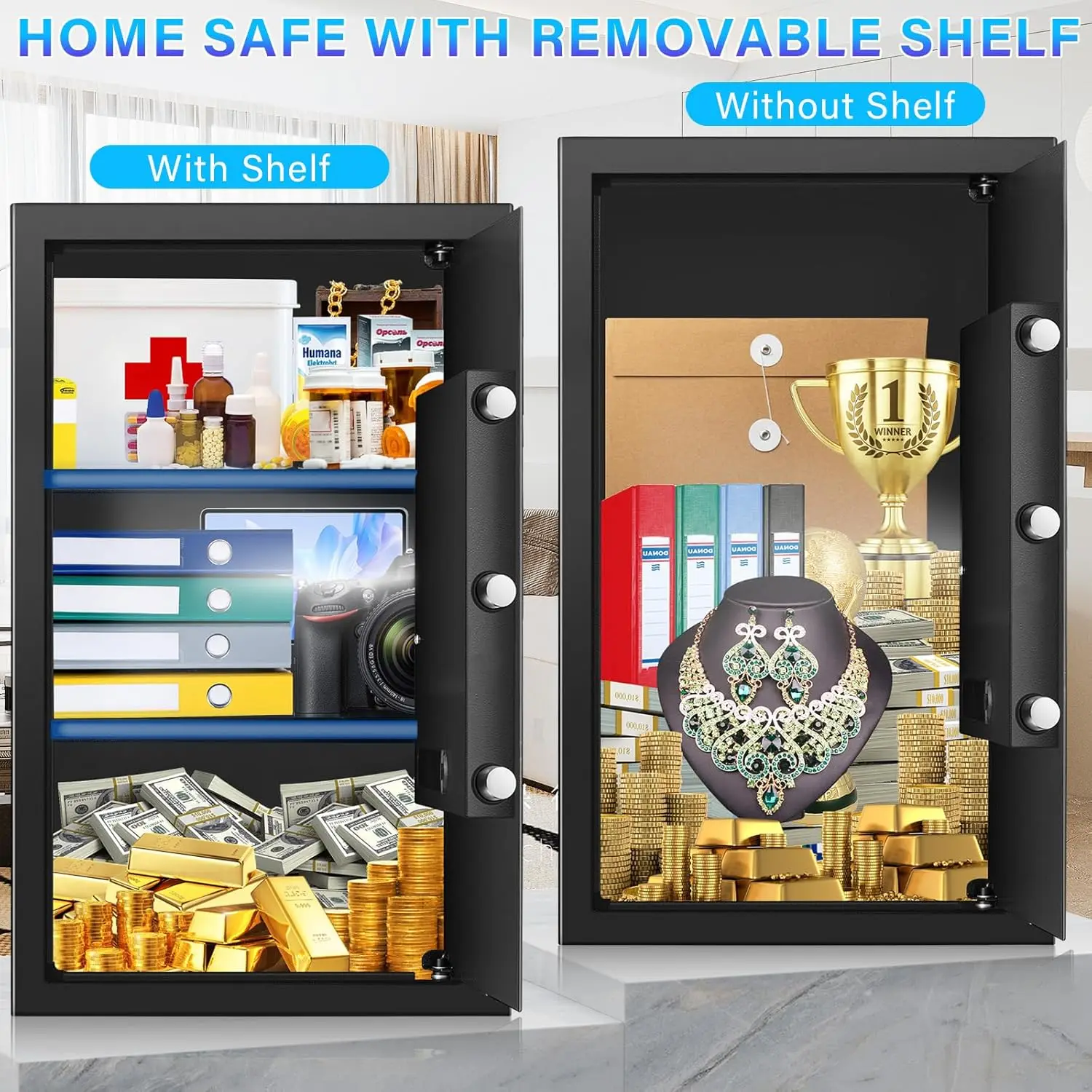 Safe Box, 5.5 Cuft Fireproof Home Safe with Fireproof Waterproof Bag, Anti-Theft Digital Security Safes with Smart Alert System,