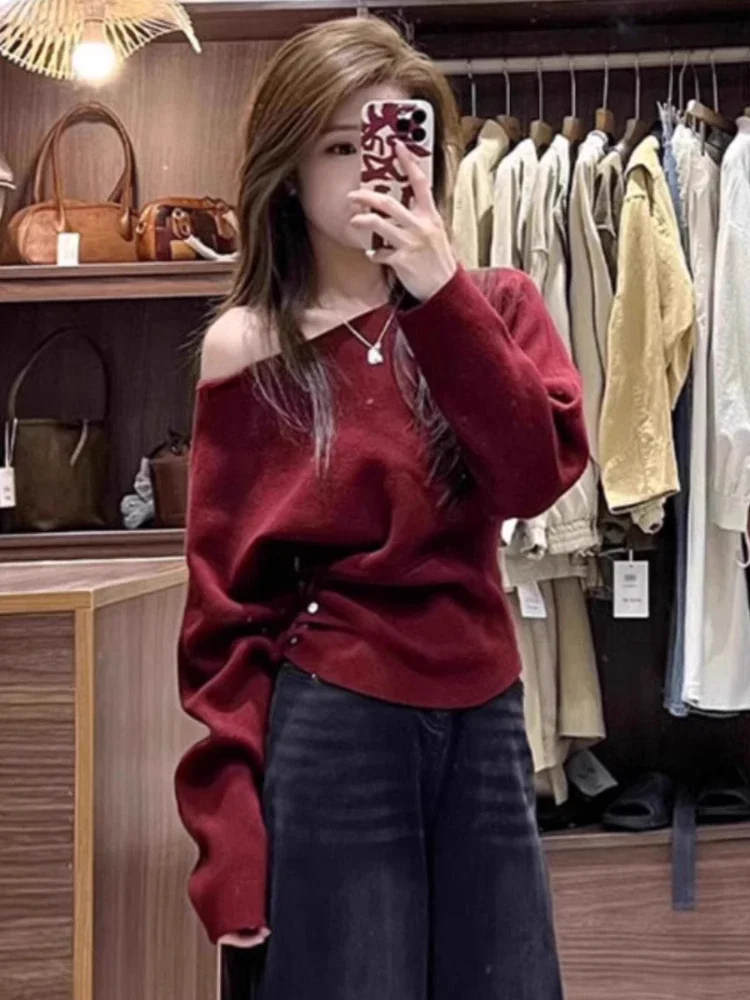 

Korean Vintage Off Shoulder Solid Sweaters Women Grunge Casual Streetwear Knitted Pullovers Loose Y2k Aesthetic Jumpers Females