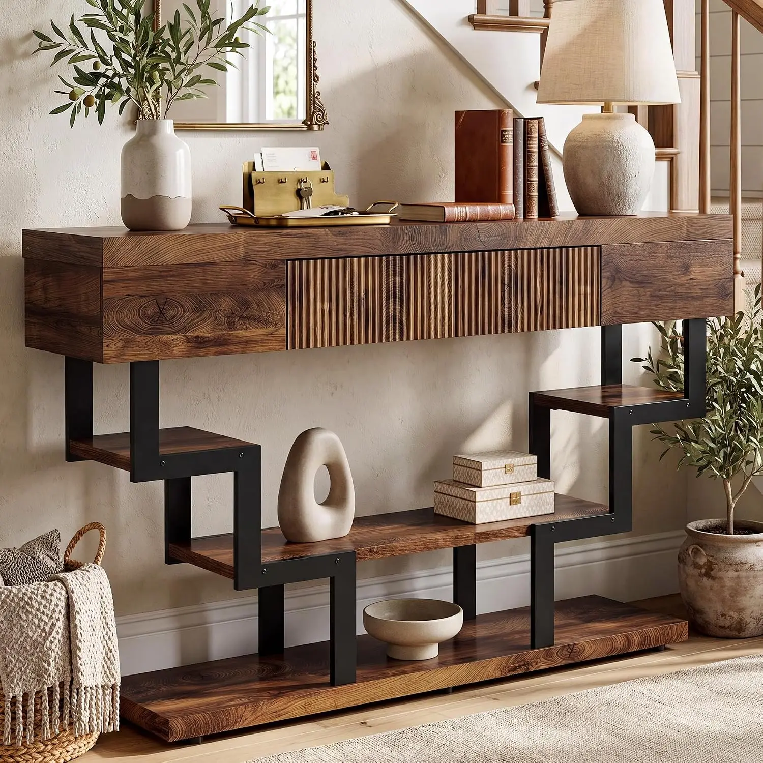 47.3" Console Table with Fluted Drawers, 3-Tier Modern Entryway Table with Geometric Black Metal Frame